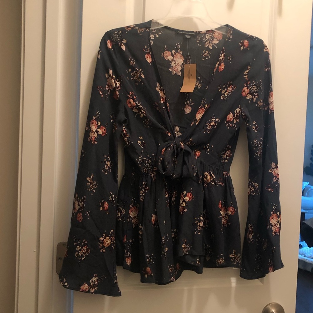 Floral Top with Bell Sleeves and Tie